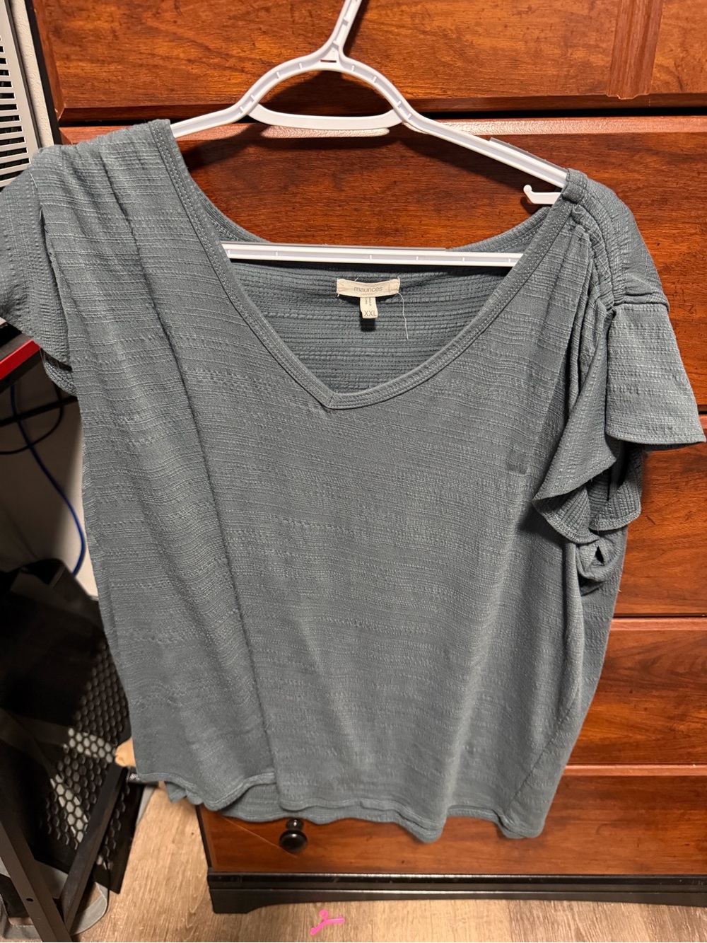 Textured V-Neck Ruffle Sleeve Top - Slate Gray